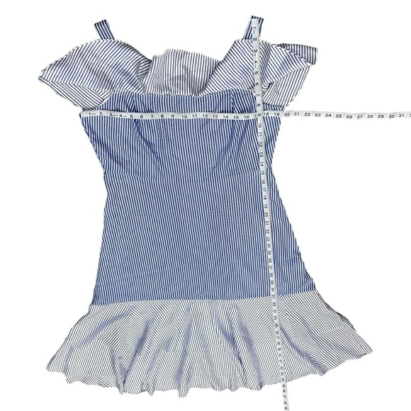 J.Crew Silk Blue White Striped Cold Shoulder High Low Silk Dress Size 14 Women’s - Picture 6 of 7
